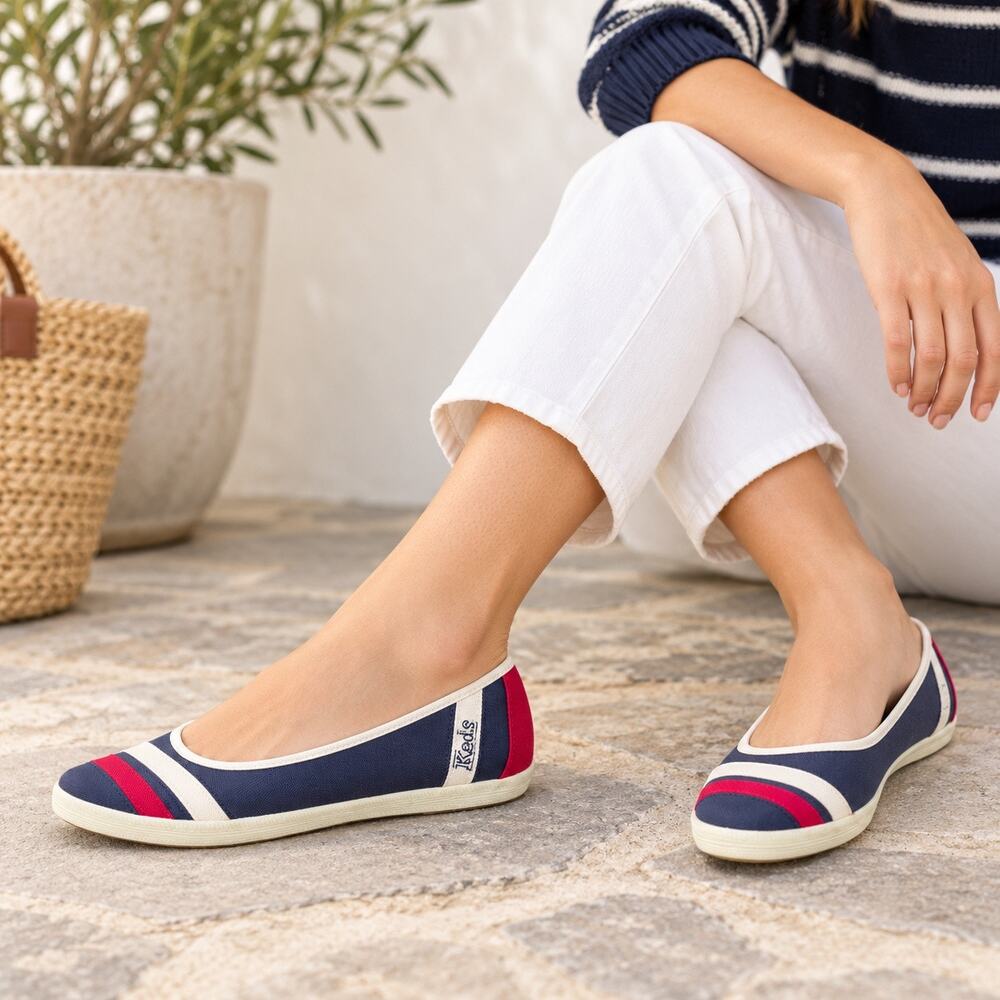 NIB Y2K Keds Hipster NavyBallet Flats Red White Stripe Women’s 7.5